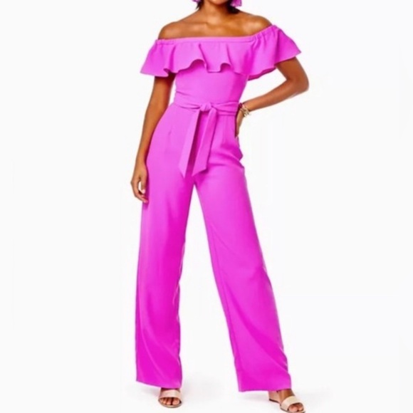 Lilly Pulitzer Jood off the shoulder Jumpsuit fuchsia pink Barbie vacation 12 - Picture 4 of 7